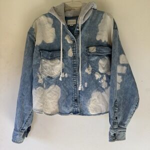 American Eagle Hooded Denim Jacket Womens XL Blue Bleached Cloud Crop Shacket